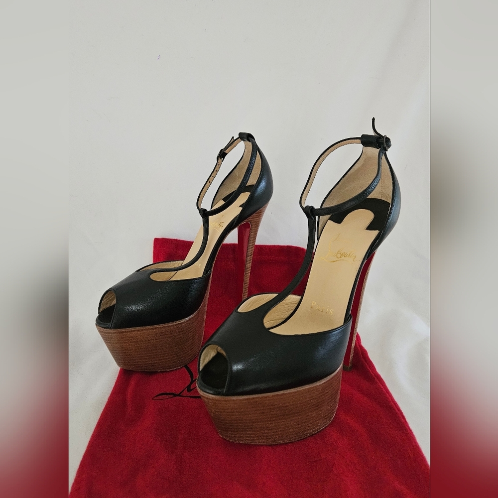 Christian Louboutin Black Peep-Toe Platform Heels - Picture 2 of 7